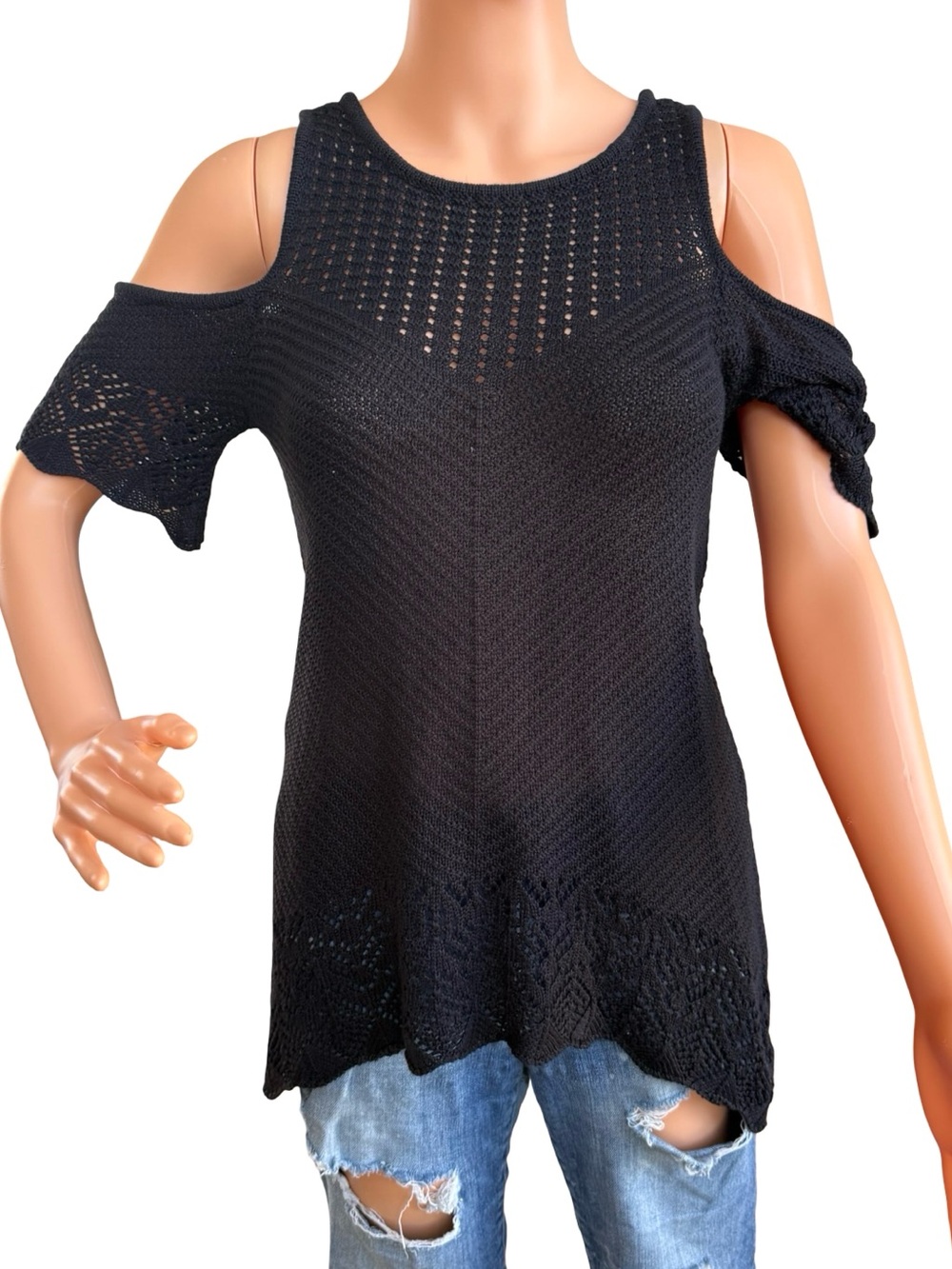 LC Lauren Conrad Black Cold-Shoulder Knit Sweater Top